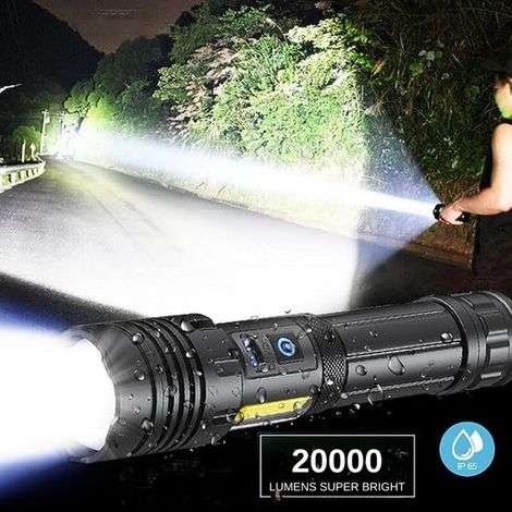 Torcia LED ricaricabile da 20.000 lumen, torcia LED professionale potente con 7 modalità e indicatore di carica, torcia tattica portatile e zoomabile impermeabile per uso esterno e campeggio. (1/5)
