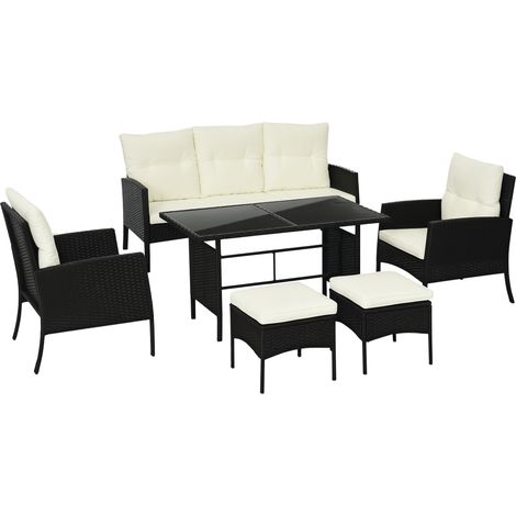 Outsunny 5 Seater Rattan Garden Furniture Set, 6 Piece Garden Sofa Set, Armchairs, 3-Seater Sofa, Footstools, Glass Dining Table, Cushions, Wicker Outdoor Furniture for Conservatory Patio, Cream (1/5)