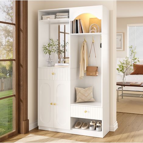 Mueble zapatero con espejo, banco y LED, 100 x 35 x 180 cm, blanco OKMYHOME (1/5)