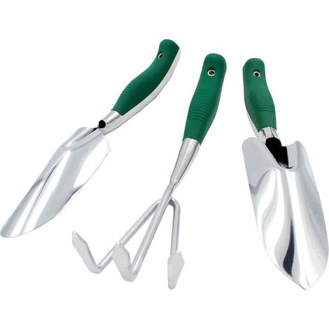 Set di attrezzi da giardinaggio, 3 pezzi, tra cui pala e rastrello in acciaio inossidabile. (1/5)
