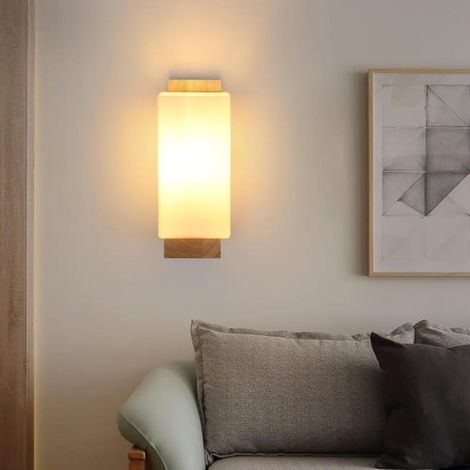 Moderne Wandleuchte aus Holz im minimalistischen Design mit E27-Fassung, Glasschirm für Schlafzimmer, Wohnzimmer, Flur, Café