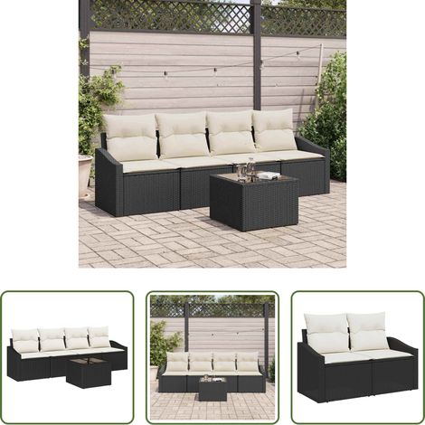 Terrassensofa - Sofa Set mit Kissen 5 pcs Schwarz und Creme Poly-Rattan (1/5)