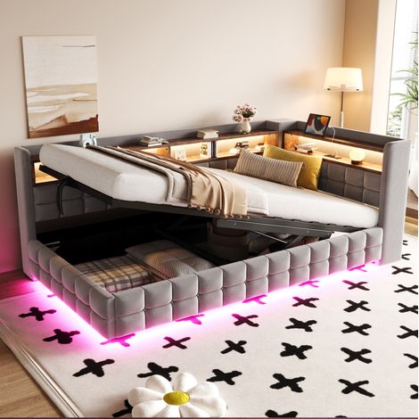 Letto imbottito con contenitore 90 x 200 cm in velluto grigio chiaro, USB, LED, OKWISH (1/5)