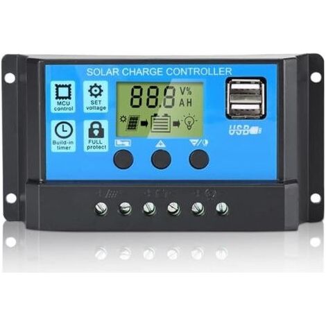 Régulateur de charge de panneau solaire PWM, 12 V/24 V, 30 A, écran LCD, double port USB (1/5)
