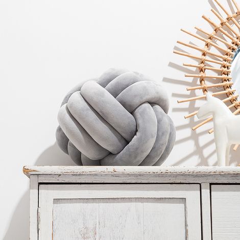 Filiyano-Coussin rond gris clair à nœud, coussin décoratif doux et moelleux, jeté en peluche noué à la main (1/5)