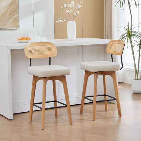 Set de 2 tabourets de bar pivotants 360°, tabourets cuisine et bar avec dossier, dossier en rotin et assise rembourrée, style mid-century moderne, beige, chenille (1/5)
