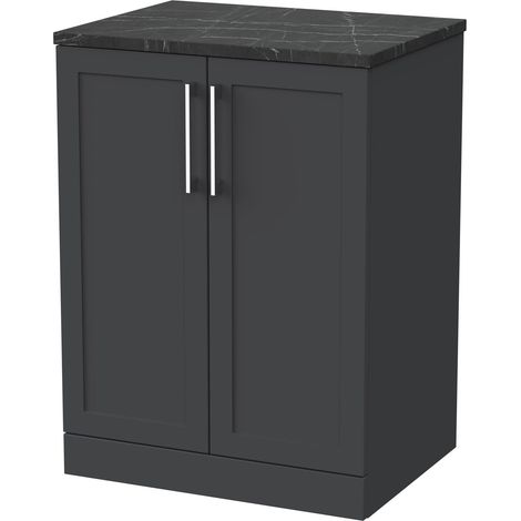 Stonnall Traditional Floor Standing 2 Door Vanity Unit with Black Pietra Marble Laminate Worktop, 600mm, Dark Grey (1/4)