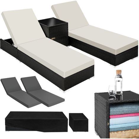 Lot 2 chaises longues rotin aluminium réglable, noir 184x60x21cm