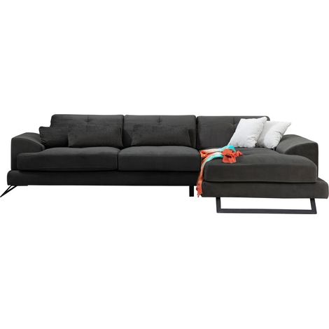 Canapé d'angle droit velours anthracite avec têtières relevables et pieds metal noir Briko 308cm (1/5)