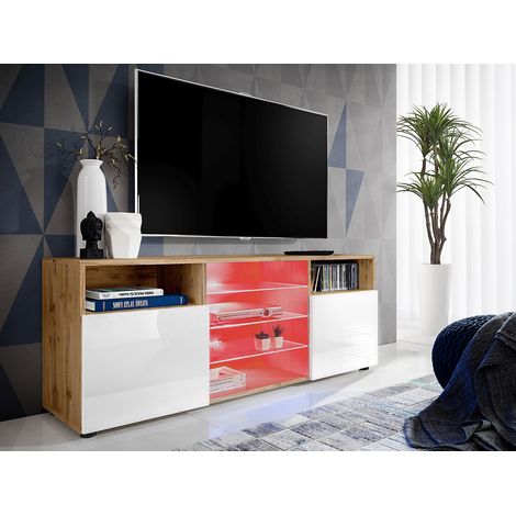 Komodee, Meuble Banc TV Urbino, Wotan/Blanc, Largeur 140cm x Hauteur 53cm x Profondeur 35cm, LED RGB, pour Salon, Chambre (1/4)