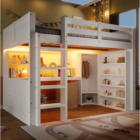 DESVIAE Hochbett en pin blanc 140 x 200 cm avec LED, bureau, armoire, tiroirs et rangements intégrés pour chambre enfant (1/5)