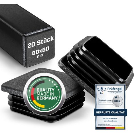 Lot de 20 bouchons à lamelles 60 x 60 mm pour tube carré - En polyéthylène - Idéal pour profilés en aluminium, meubles de jardin et pieds de chaise - Bouchons de fermeture avec (1/5)