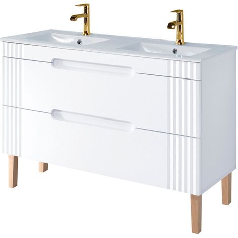 Ensemble de salle de bain FIDJI : meuble sous vasque 120cm + double vasque à encastrer + 2 siphons + pieds (1/5)