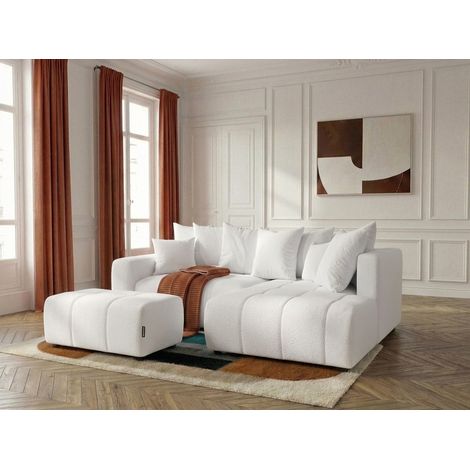 BOBOCHIC - Canapé d'angle L convertible coffre ROXELANE tissu bouclette avec pouf Angle droit Blanc (1/4)