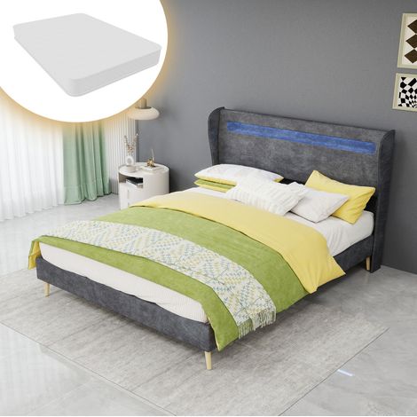 lit 140x200 LED gris moderne tissu métal réglable HAVRYA (1/5)