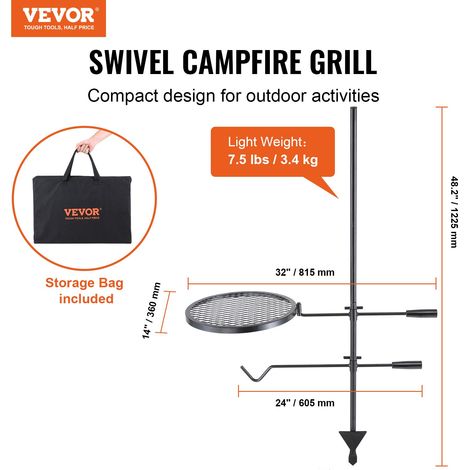 Grille de Feu de Camp Pivotante avec Poteau 122,5 cm Gril de Camping 2 Couches 1 Filet en Diamant 36x36 cm 1 Crochet Grille de Cuisson en Acier Hauteur Réglable pour Foyer Barbecue en Plein Air (1/5)