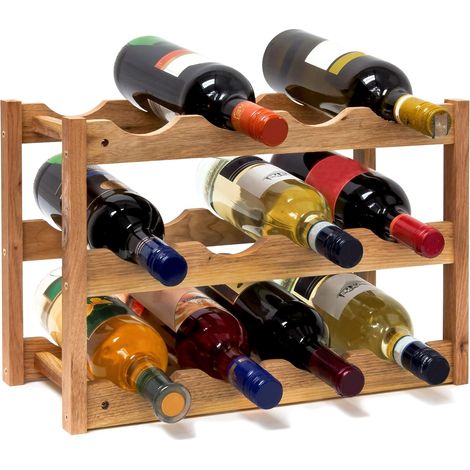 1 - Casier à Vin - Range Bouteilles - 3 Étages pour 12 Bouteilles - Rangement Horizontal en Bois de Noyer - Style Rustique pour Cuisine - Naturel - 42x21x28 cm