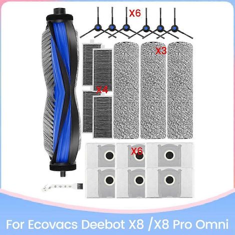Set mit 21 Ersatzteilen für den ECOVACS DEEBOT X8 / X8 PRO OMNI Saugroboter: Staubbeutel, Filter, Hauptseitenbürsten und Reinigungswalzen.