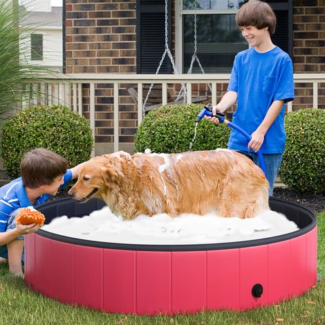 Piscine pliable pour chiens et chats Ø140 x 30 cm, baignoire portable pour animaux de compagnie, PVC antidérapant, usages multiples, rouge