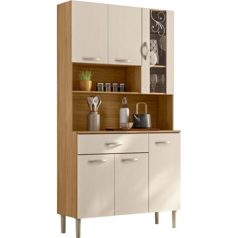 Buffet 6 Portes 1 Tiroir 7 Niches Chêne et Blanc Ecru Gaufré L 90 H 173.5 P 36.3 cm