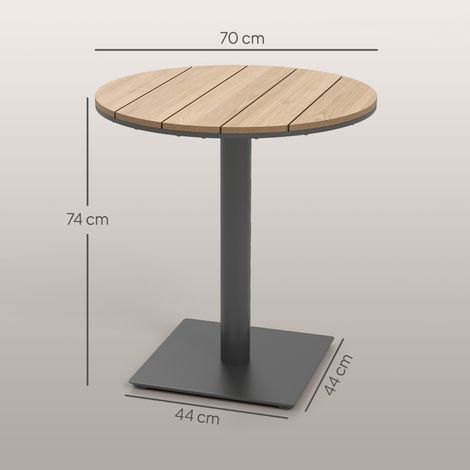 Table de jardin ronde de balcon résistante aux intempéries, avec plateau à lattes, en acier (Ø 70 x 74 cm H) et bois naturel.