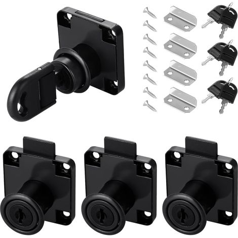 4-Piece Office Drawer Lock Set, 22mm Cam Lock, Cam Lock with Different Keys, Furniture Lock for Furniture, Drawers, Doors, Mailboxes, Cabinets, Cupboards, Black
