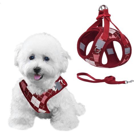 Step-in Harnais Petit Chien Anti-Traction, Harnais Doux Réglable Respirant, Réfléchissant Rembourré pour Chiots, avec Motif à Carreaux, Confortable, Rouge XS (1/5)