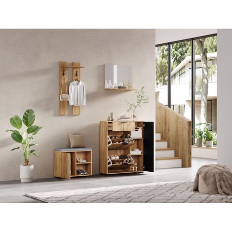 Set d’entrée avec penderie murale, banc à chaussures et meuble à chaussures, 1 miroir, 1 tiroir, 2 crochets, 4 portes, couleur bois naturel et noir, B140× P35 × H139 cm