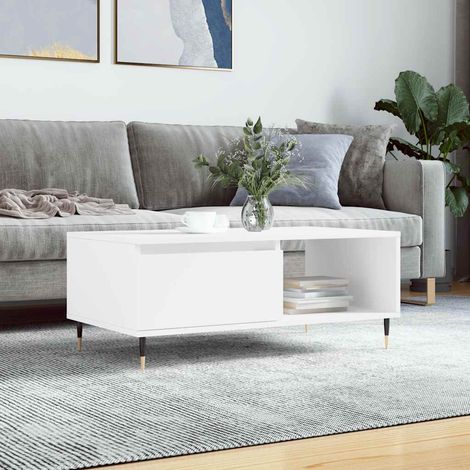 Table basse avec tiroir et compartiment Blanc 90 x 50 x 36,5 cm en bois d’ingénierie - PANGIVO (1/5)