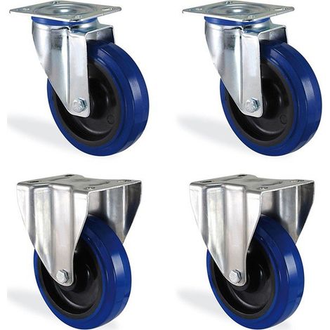 Lot roulettes pivotante et fixe caoutchouc bleu élastique diamètre 80mm charge 240kg