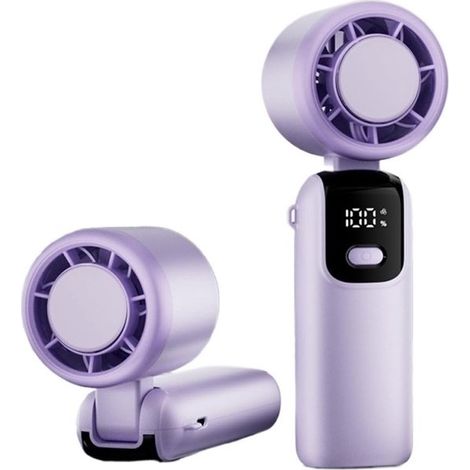 Ventilateur portable turbo - Rechargeable - Support de cou pliable - Affichage numérique - Format poche - Violet (1/5)