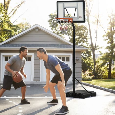 Supporto per canestro da basket con ruote, mobile, regolabile in altezza da 210 a 260 cm, adatto per uso esterno e interno, in acciaio e plastica, colore nero. (1/5)