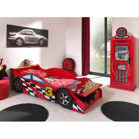Paris Prix – Pack chambre d'enfant complète – Lit voiture race 175x78x48cm – Armoire 1 porte 50x40x141cm – MDF rouge
