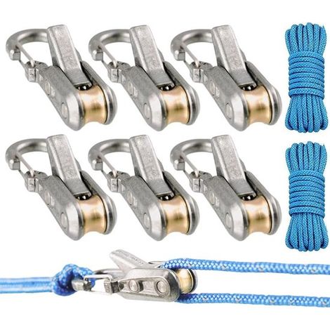 Tendeur de corde à 6 pièces avec poulies. Tendeur robuste pour paracorde. Outil de fixation de corde sans nœud. 6 boucles rétractables et 2 cordes accessoires pour C. (1/5)