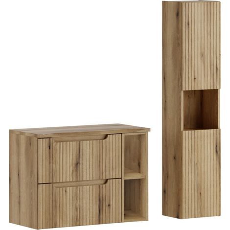 Ensemble meuble salle de bain suspendu NOVA Chêne naturel 80cm avec colonne de rangement (1/5)