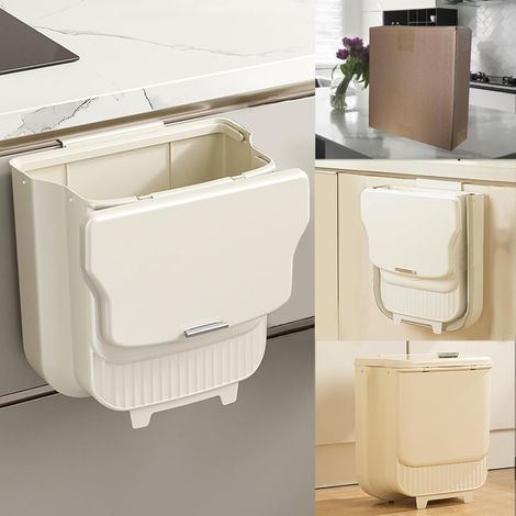 Poubelle pliable suspendue/sur pied avec couvercle, blanc crème, adaptée aux cuisines et aux cuisines de camping (1/5)