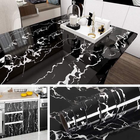 BRAVIX Papier Adhésif pour Meuble Marbre Noir et Blanc en Vinyle Stickers Meubles Cuisine Salle de Bain Papier Peint Autocollant Décoratif Amovible pour Table Plan de Travail de 40CM2M