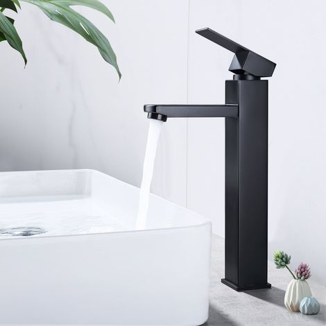 Mitigeur salle de bains noir en inox, robinet lavabo haut poignée carrée démontable mélangeur eau chaude et froide pour vasque à poser