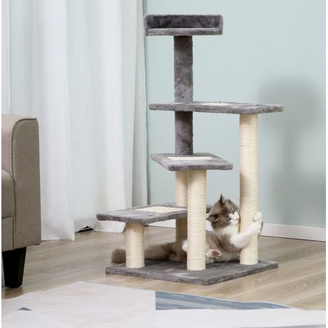Arbre à chat 5 niveaux avec marches, 48,5 x 48,5 x 100 cm, beige et gris, OKWISH (1/5)