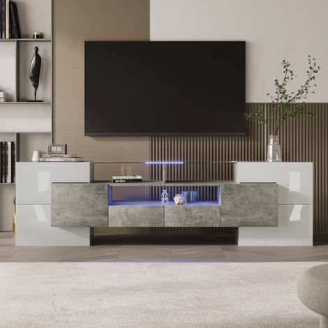 Meuble TV LED 200 cm, meuble bas de salon, 2 tiroirs et portes, étagère en verre, pour TV 60-69 pouces, blanc brillant et gris (1/5)