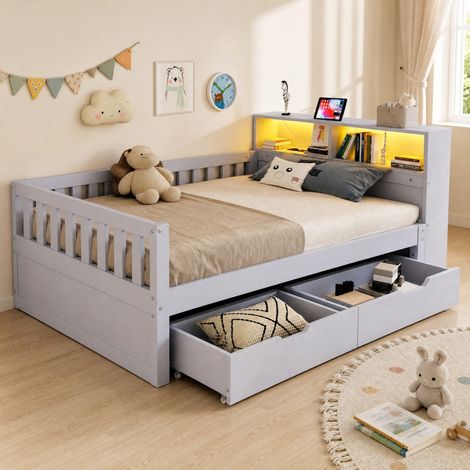 Multifunktionsbett 90 x 200 cm mit Schubladen, Regalen, LED und USB/USB-C, grau OKMYHOME (1/5)