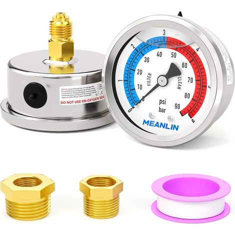 06Bar/090Psi 1/4" BSP Pressure Gauges with 2 Inch Dial,Glycerin Filled,Pool Filter,304 Stainless Steel Housing,Rear Mount,with Hex Socket (1/5)
