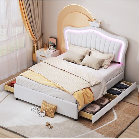 letto contenitore 140x200 LED bianco cassetti bimbi HAVRYA (1/5)