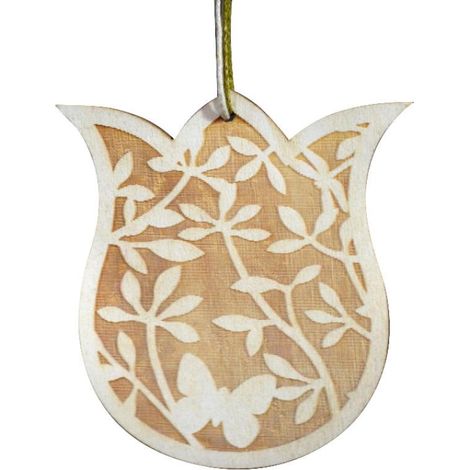 Colgante decorativo de madera con forma de tulipán y borde blanco.
