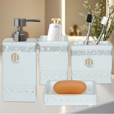 Ensemble d'accessoires de salle de bain 4 pièces - Distributeur de savon en céramique - Pompe et porte-brosse à dents - Gobelet - Décoration d'intérieur, comptoir - Organisateur de coiffeuse (1/5)