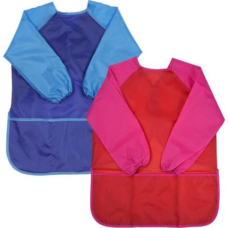 2 Pcs Tablier Peinture Enfant, Imperméable Blouse de Peinture avec Manches Longues et 3 Poches, Smock d'Art pour 3-7 Ans Enfants L'école Activités, Cuisine, Nourrissage, Bleu & Rouge (Petit) (1/5)