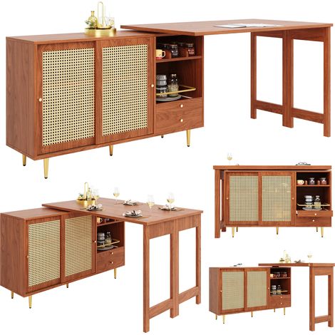 Table haute pivotante à 360° (corps principal: 107 x 40 x 71,4 cm), table haute marron au design extensible, meuble de rangement avec porte en rotin + étagère de rangement ouverte, adaptée à la cuisin (1/5)