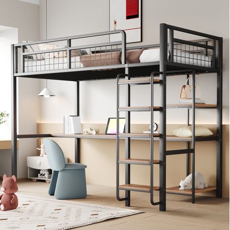 Cama alta moderna de metal 90x200 cm negra con escalera de seguridad, escritorio integrado, estantes y somier de láminas (1/5)