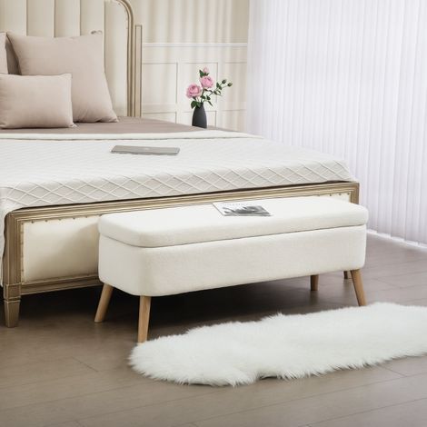 Puf de almacenaje 65 L, banco con baúl en fleece, madera de caucho, 120 x 42 x 45 cm, crema (1/5)