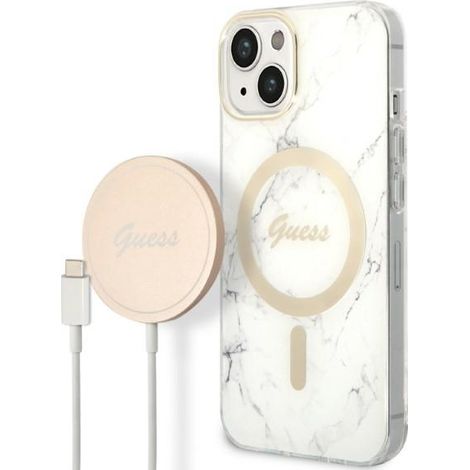 Set Guess GUBPP14MHMEACSH con custodia e caricabatterie per iPhone 14 Plus / 15 Plus 6.7" bianco/bianco, custodia rigida effetto marmo, MagSafe (1/5)